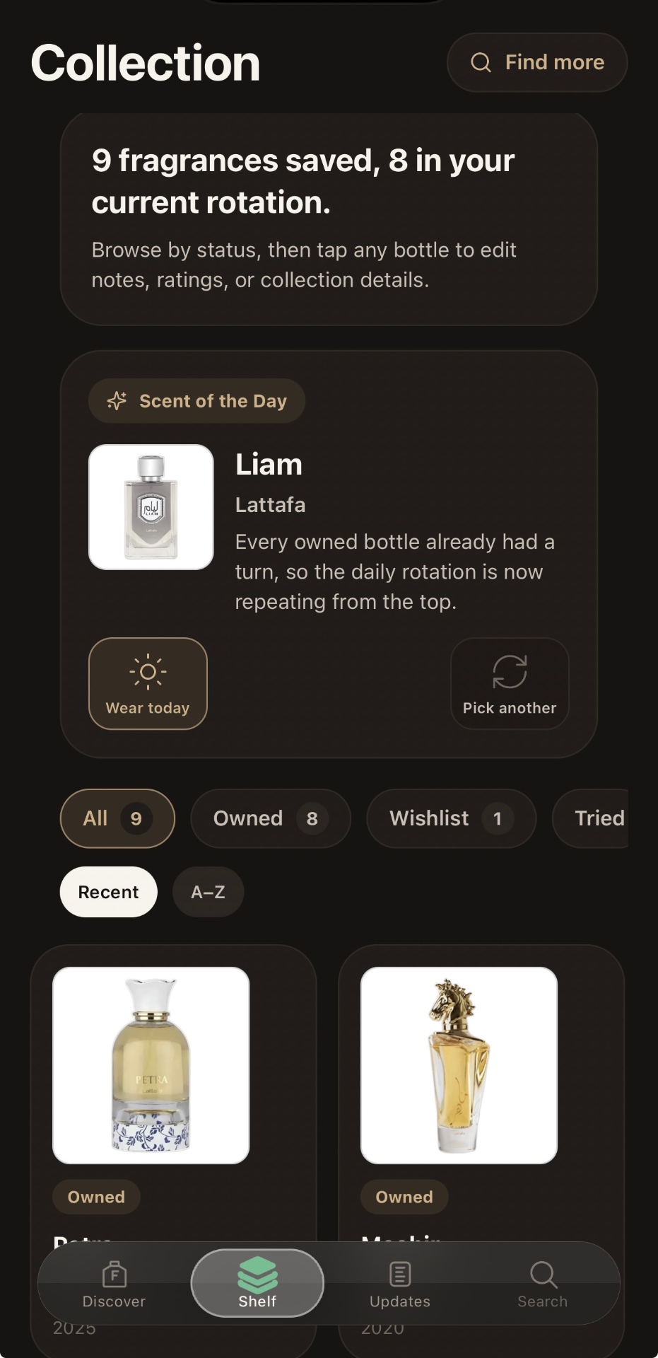 Fragastic app screen: Owned, wishlist, tried, sold — every bottle in one place.