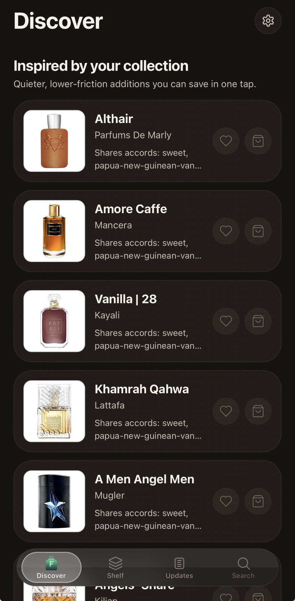 Fragastic app screen: Recommendations shaped by what is already on your shelf.